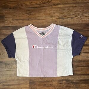 Vintage Champion Short Sleeve Shirt Purple Colourblock 90s Y2K Retro Casual XS‎